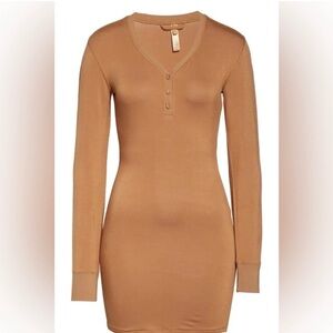 Skims Women’s Tan Henley Sleep Lounge Long Sleeve Bodycon Mini Dress Size XS